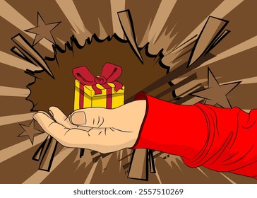 Cartoon, comic book human hands holding Gift Box Retro vector comics pop art design.