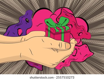 Cartoon, comic book human hands holding Gift Box Retro vector comics pop art design.