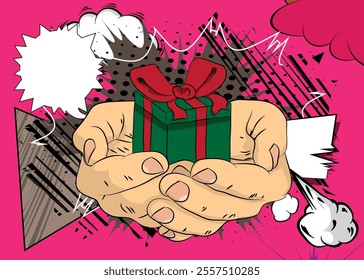 Cartoon, comic book human hands holding Gift Box Retro vector comics pop art design.