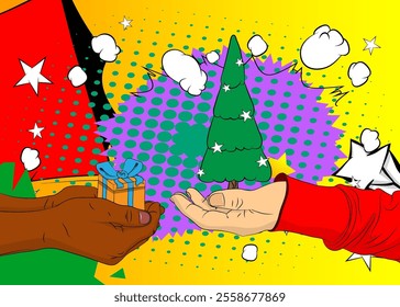 Cartoon, comic book human hands holding Gift Box and Christmas decorated pine tree. Retro vector comics pop art design.