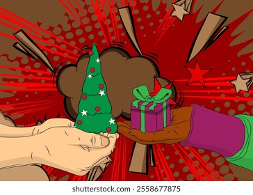 Cartoon, comic book human hands holding Gift Box and Christmas decorated pine tree. Retro vector comics pop art design.