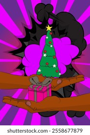 Cartoon, comic book human hands holding Gift Box and Christmas decorated pine tree. Retro vector comics pop art design.