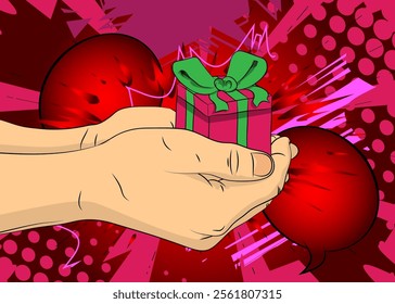 Cartoon, comic book human hands holding Gift Box. Retro vector comics pop art design.
