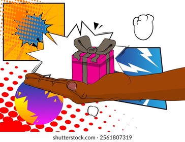 Cartoon, comic book human hands holding Gift Box. Retro vector comics pop art design.