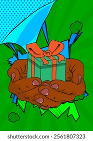 Cartoon, comic book human hands holding Gift Box. Retro vector comics pop art design.