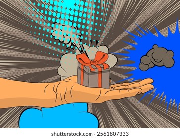 Cartoon, comic book human hands holding Gift Box. Retro vector comics pop art design.