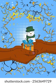 Cartoon, comic book human hands holding Gift Box and Snowman. Retro vector comics pop art design.