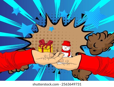 Cartoon, comic book human hands holding Gift Box and Snowman. Retro vector comics pop art design.
