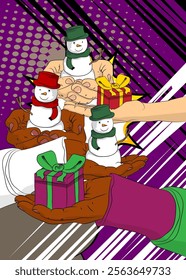 Cartoon, comic book human hands holding Gift Box and Snowman. Retro vector comics pop art design.