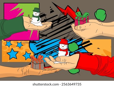 Cartoon, comic book human hands holding Gift Box and Snowman. Retro vector comics pop art design.