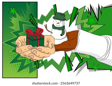 Cartoon, comic book human hands holding Gift Box and Snowman. Retro vector comics pop art design.