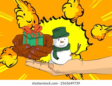 Cartoon, comic book human hands holding Gift Box and Snowman. Retro vector comics pop art design.