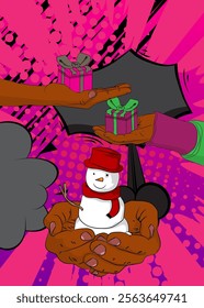 Cartoon, comic book human hands holding Gift Box and Snowman. Retro vector comics pop art design.