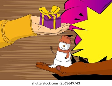 Cartoon, comic book human hands holding Gift Box and Snowman. Retro vector comics pop art design.