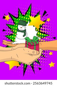 Cartoon, comic book human hands holding Gift Box and Snowman. Retro vector comics pop art design.