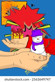 Cartoon, comic book human hands holding Gift Box and Snowman. Retro vector comics pop art design.