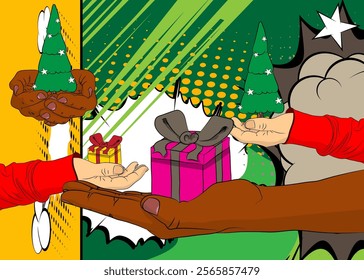 Cartoon, comic book human hands holding Gift Box and Christmas decorated pine tree. Retro vector comics pop art design.