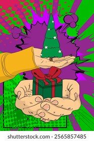 Cartoon, comic book human hands holding Gift Box and Christmas decorated pine tree. Retro vector comics pop art design.