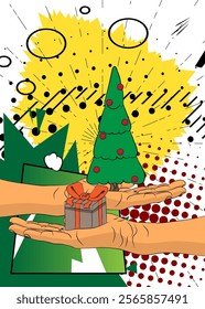 Cartoon, comic book human hands holding Gift Box and Christmas decorated pine tree. Retro vector comics pop art design.