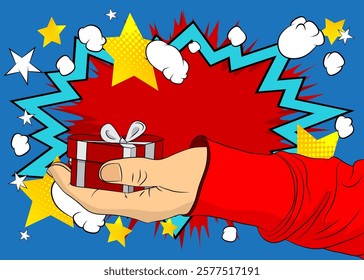 Cartoon, comic book human hands holding Valentine day gift box. Retro vector comics pop art design.