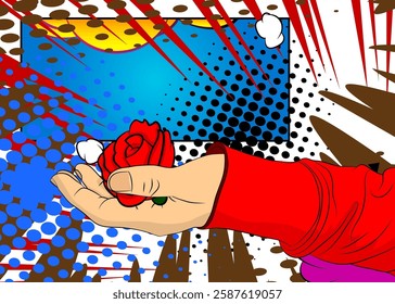 Cartoon, comic book human hands holding Red Rose. Retro vector comics pop art design.
