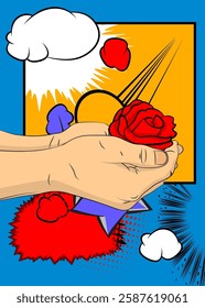 Cartoon, comic book human hands holding Red Rose. Retro vector comics pop art design.