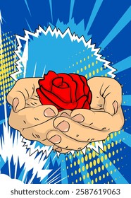 Cartoon, comic book human hands holding Red Rose. Retro vector comics pop art design.