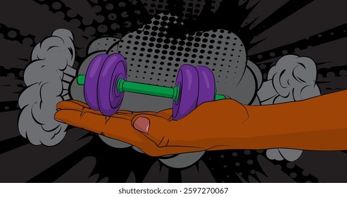 Cartoon, comic book human hands holding Dumbbell. Retro vector comics pop art design.