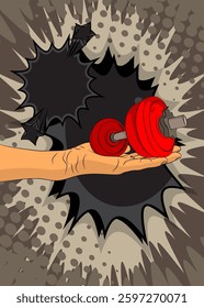 Cartoon, comic book human hands holding Dumbbell. Retro vector comics pop art design.