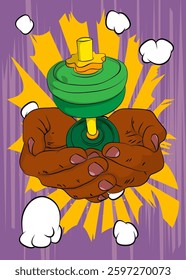 Cartoon, comic book human hands holding Dumbbell. Retro vector comics pop art design.