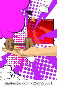 Cartoon, comic book human hands holding Dumbbell. Retro vector comics pop art design.