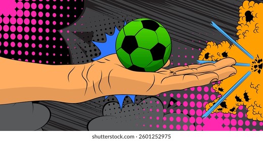 Cartoon, comic book human hands holding Soccer Ball. Retro vector comics pop art design.