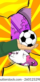Cartoon, comic book human hands holding Soccer Ball. Retro vector comics pop art design.