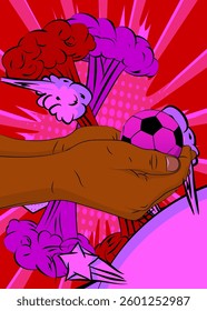 Cartoon, comic book human hands holding Soccer Ball. Retro vector comics pop art design.