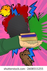Cartoon, comic book human hands holding Book. Retro vector comics pop art design.
