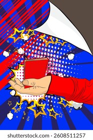 Cartoon, comic book human hands holding Book. Retro vector comics pop art design.