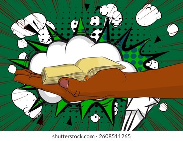 Cartoon, comic book human hands holding Book. Retro vector comics pop art design.