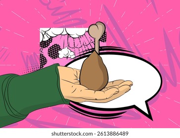 Cartoon, comic book human hands holding chicken drumstick and thigh. Retro vector comics pop art design.