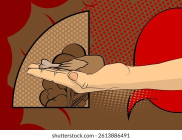 Cartoon, comic book human hands holding chicken drumstick and thigh. Retro vector comics pop art design.