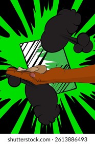 Cartoon, comic book human hands holding chicken drumstick and thigh. Retro vector comics pop art design.