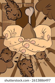 Cartoon, comic book human hands holding chicken drumstick and thigh. Retro vector comics pop art design.