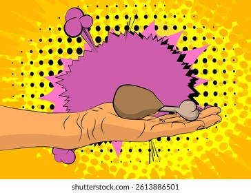 Cartoon, comic book human hands holding chicken drumstick and thigh. Retro vector comics pop art design.