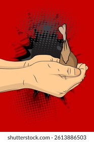 Cartoon, comic book human hands holding chicken drumstick and thigh. Retro vector comics pop art design.