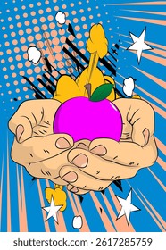 Cartoon, comic book human hands holding Apple. Retro vector comics pop art design.