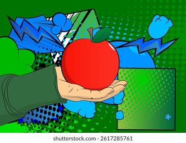 Cartoon, comic book human hands holding Apple. Retro vector comics pop art design.