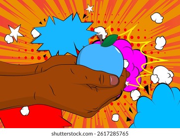 Cartoon, comic book human hands holding Apple. Retro vector comics pop art design.