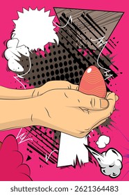 Desenho animado, história em quadrinhos com mãos humanas segurando ovo de Páscoa. Quadrinhos vetoriais retrô com design de arte pop.