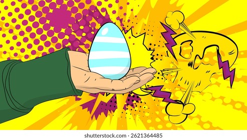 Desenho animado, história em quadrinhos com mãos humanas segurando ovo de Páscoa. Quadrinhos vetoriais retrô com design de arte pop.