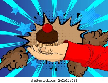 Dibujos animados, cómic manos humanas sosteniendo Cupcake. Diseño de arte pop de cómics de Vector retro.