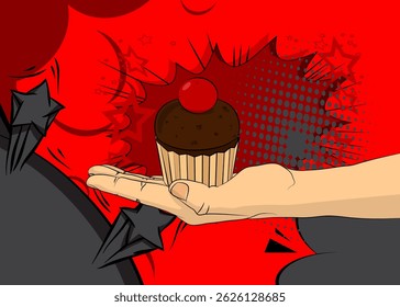 Cartoon, comic book human hands holding Cupcake. Retro vector comics pop art design.